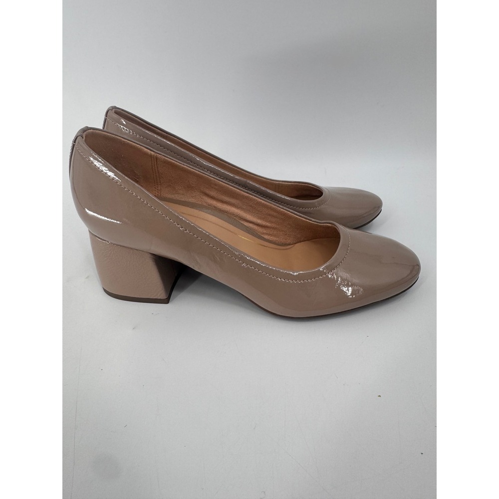 Vionic Carmel Pumps Women 8.5 Tan Patent Leather Block Heel Orthotic Support
